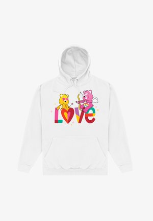 Un hoodie blanc avec un design coloré représentant deux ours en cartoon : un ours jaune et un ours rose avec des ailes, et le mot "Amour" en lettres grasses.