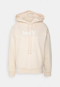 Sudadera con capucha beige con bolsillo delantero y cordón en la capucha. Cuenta con un logo blanco de "Levi's" en el pecho. Tejido suave con un ajuste relajado.