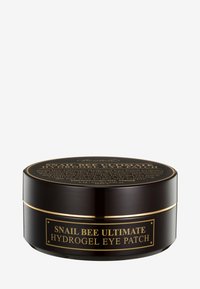 Schwarzer runder Behälter mit goldenen Akzenten und Text. Das Etikett lautet "Snail Bee Ultimate Hydrogel Eye Patch". Glatte Oberfläche, einfaches Design.