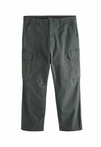 Cargo-Hosen aus dunkelgrünem Stoff, mit mehreren seitlichen Taschen, einer lockeren Passform und sichtbaren Nahtdetails an den Beinen.