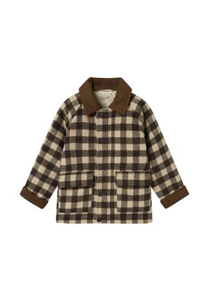 Veste en laine à carreaux crème et marron foncé, avec un col en velours côtelé marron, des boutons-pression et deux poches avant. Manches à revers.