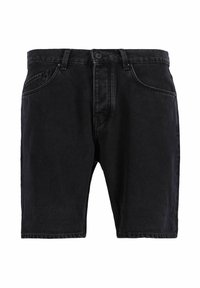 Pantalones cortos de mezclilla negra con un corte clásico, cinco bolsillos, presillas para cinturón y detalles de costura sutiles. Textura suave, diseño hasta la rodilla.