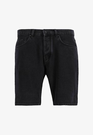 Juodi džinsiniai šortai su klasikinio kirpimo, penkiais kišenėmis, diržo kilpelėmis ir subtiliais siuvinėjimo detalėmis. Lygi tekstūra, iki kelių siekiantis dizainas.