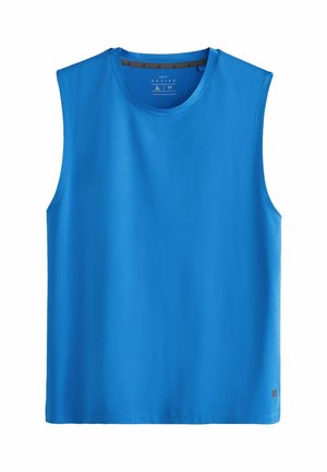 Blaues ärmelloses Sportshirt mit Rundhalsausschnitt, strukturiertem Stoff und mittlerer Größenetikette im Krageninneren.