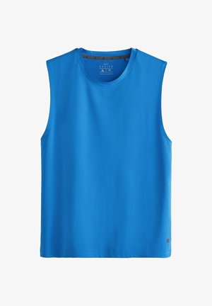 Blue sleeveless athletic shirt with crew neck, textured fabric, and medium size label inside collar.