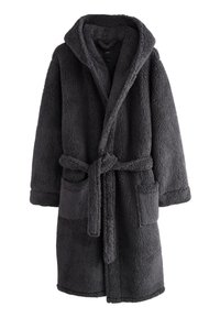 Donkergrijze fleece badjas met capuchon, lange mouwen, twee voorzakken, ceintuurstrik en gestructureerde stof voor warmte en comfort.