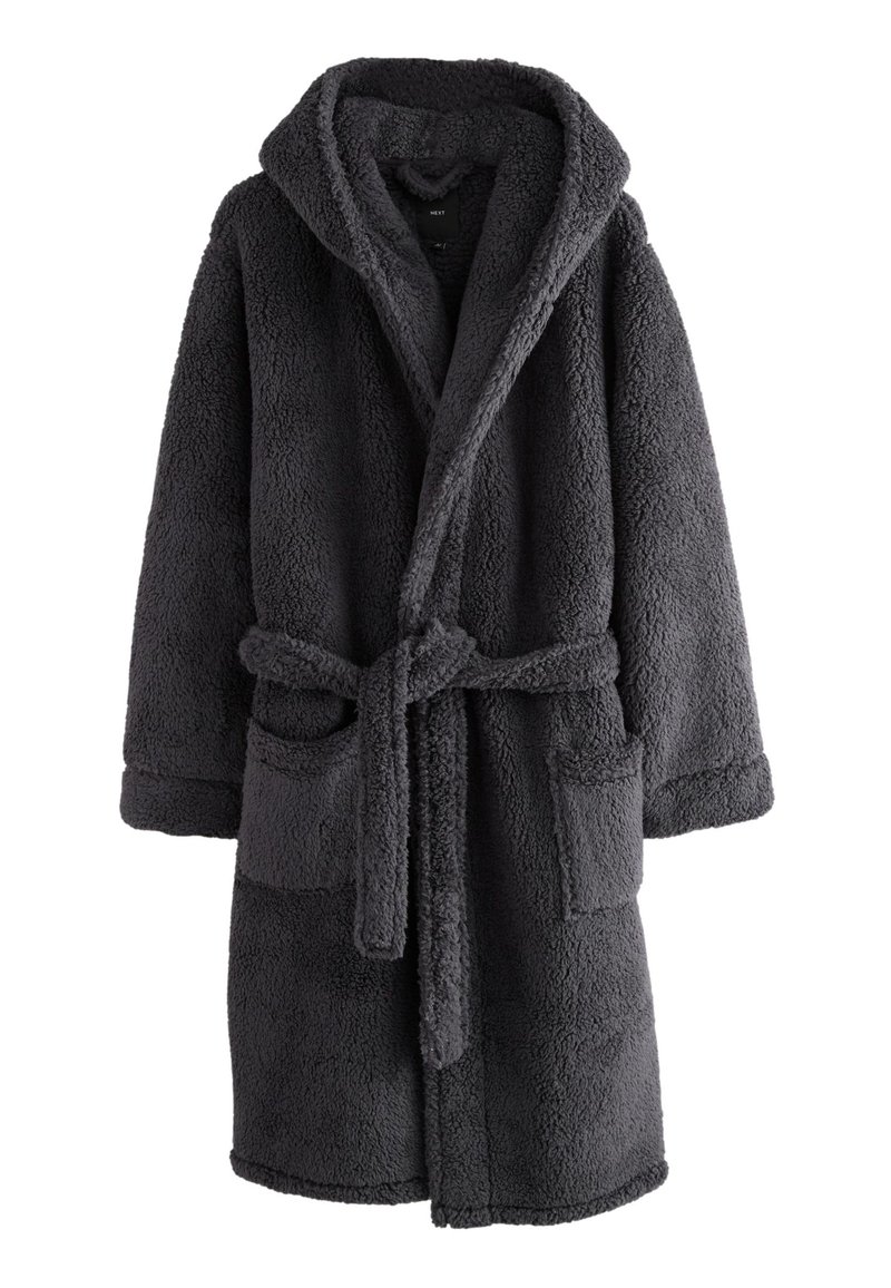 Donkergrijze fleece badjas met capuchon, lange mouwen, twee voorzakken, ceintuurstrik en gestructureerde stof voor warmte en comfort.