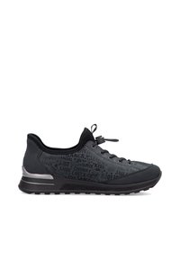 Baskets noires avec une tige texturée arborant des mots liés aux chaussures, un bout arrondi et une semelle rembourrée avec des accents métalliques.
