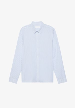 Fénykék csíkos, hosszú ujjú, gombos ing. Hagyományos gallérral, fehér gombokkal és sima pamut keverék szövettel rendelkezik.