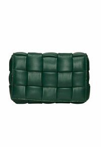 Zeleni kožni novčanik s podstavljenim, kvadratnim dizajnom, pravokutnog oblika i zatvaranjem na zipu na vrhu.