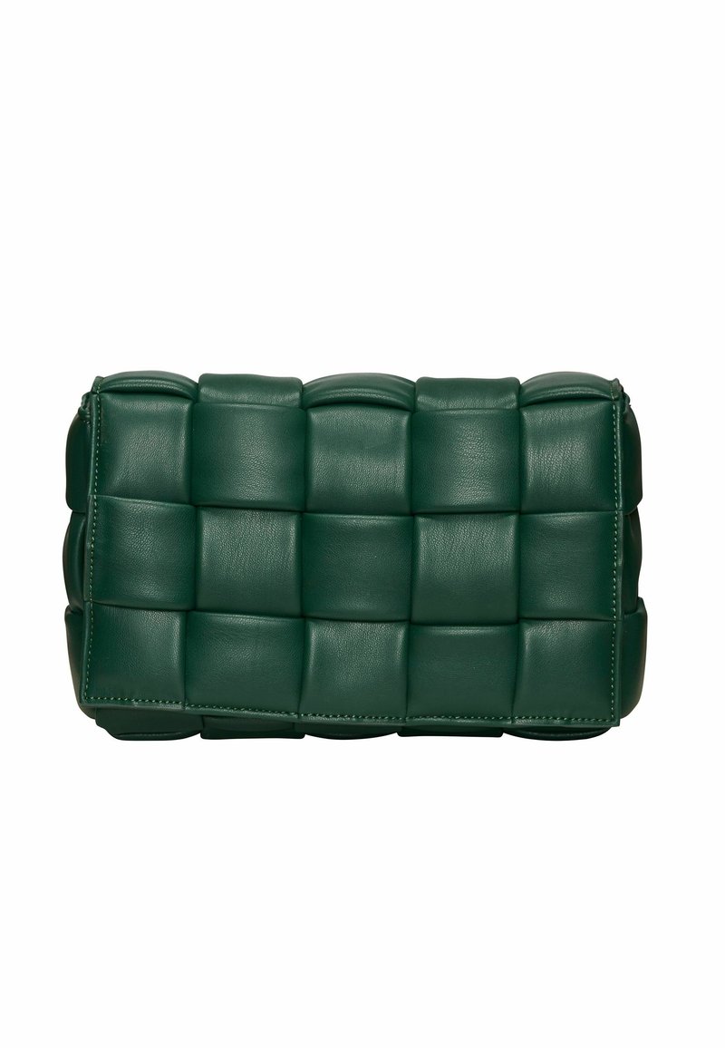 Zeleni kožni novčanik s podstavljenim, kvadratnim dizajnom, pravokutnog oblika i zatvaranjem na zipu na vrhu.