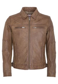 Chaqueta de cuero marrón con cremallera frontal, dos bolsillos en el pecho con cremallera y un cuello. Presenta una textura suave y un diseño ajustado.