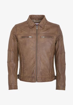 LEATHER JACKET WITH COLLAR SHIRT - 2 SPLIT SIDE POCKETS - - Chaqueta de cuero - vintage cognac