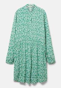 Grünes Kleid mit einem Blattmuster in Weiß, Knopfleiste vorne, langen Puffärmeln und tailliertem Schnitt mit ausgestellt Rock.