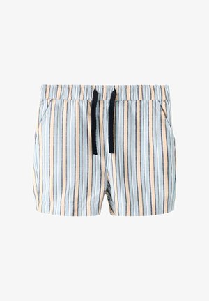 Shorts légers avec des rayures verticales bleues, beiges et blanches, taille élastique et cordons noirs, présentés à plat.
