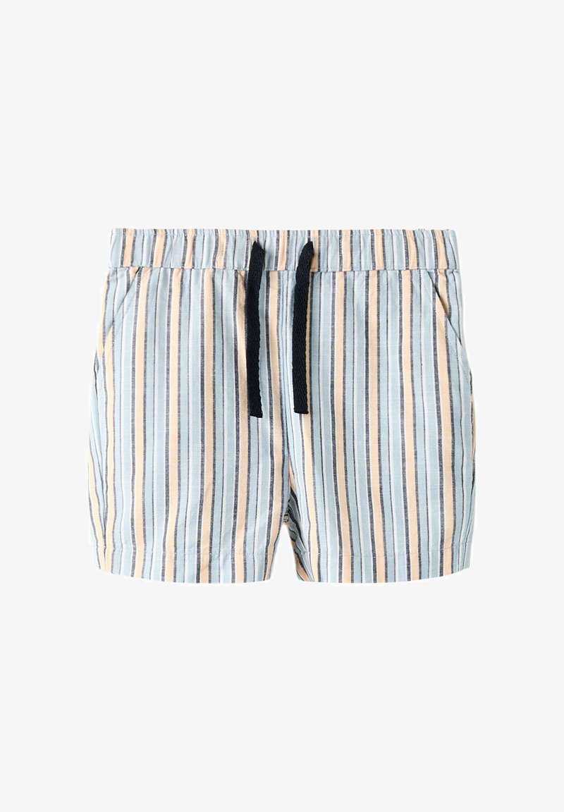 Shorts légers avec des rayures verticales bleues, beiges et blanches, taille élastique et cordons noirs, présentés à plat.