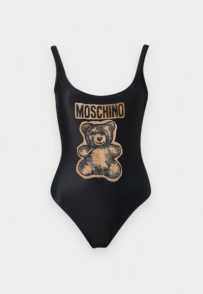 Μαύρο ολόσωμο μαγιό με γραφικό αρκουδάκι σε μπεζ χρώμα και το κείμενο "MOSCHINO" στο στήθος.