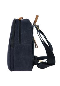 Zaino navy con tessuto testurizzato, chiusura a doppia cerniera, tasca laterale e spallacci regolabili. Presenta dettagli in pelle e hardware dorato.