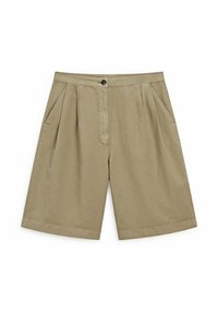 Shorts kaki marron clair en tissu texturé, avec des plis, une fermeture à un bouton et des poches latérales.