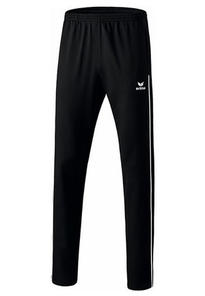 Zwarte sportbroek met elastische tailleband, witte strepen aan de zijkant en Erima-logo op de bovenkant van het dijbeen.