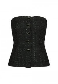 Zwart strapless top gemaakt van textuurstof. Heeft een getailleerd lijfje met vijf metalen ovale knopen aan de voorkant.