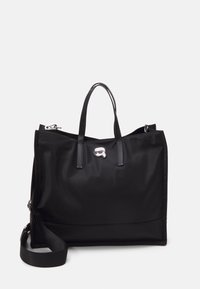 Schwarze Nylon-Tote mit doppelten Ledergriffen und abnehmbaren Schulterriemen. Verfügt über eine Metall-Logo-Akzentuierung und eine strukturierte Form.