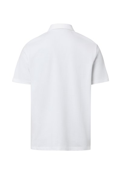 Polo blanc à manches courtes vu de dos, avec un col classique et un tissu uni et lisse, sans motifs ni logos visibles.