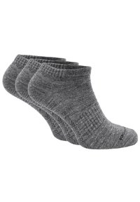Drei Paar Knöchelsocken in meliertem Grau, aus einem weichen, strukturierten Stoff mit gerippten Bündchen und verstärkten Zehenbereich.