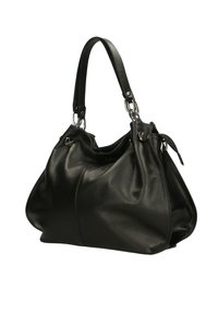 Borsa a mano in pelle nera con una forma morbida e floscia. Presenta un manico singolo e dettagli in metallo. Texture liscia con cuciture minime.