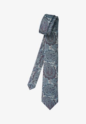 Blue and purple paisley patterned necktie folded, showing detailed floral and curved designs on a light gray background.