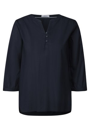 Marinblus med lång ärm och V-ringning, samt tre knappar framtill. Lättviktsmaterial med en slät textur och rundad nederkant.