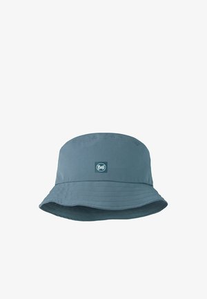 Blauer Bucket-Hut mit breiter gesteppten Krempe und einem mittig angebrachten Buff-Logo vorne.