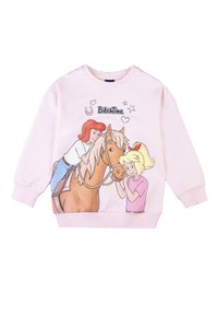 Felpa rosa con stampa grafica di due ragazze con un cavallo, arricchita da stelle e cuori giocosi, con polsini e orlo a coste.