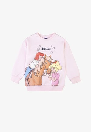 Felpa rosa con stampa grafica di due ragazze con un cavallo, arricchita da stelle e cuori giocosi, con polsini e orlo a coste.