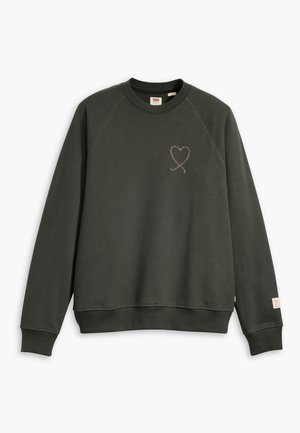 Donkergroen sweatshirt met raglanmouwen, voorzien van een klein, veelkleurig hartenontwerp op de borst en ribgebreide manchetten en onderrand.