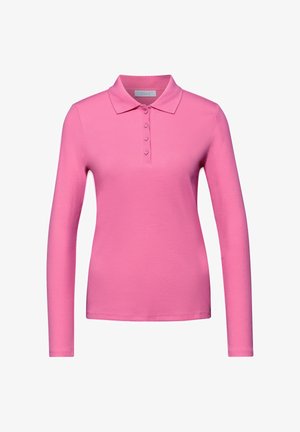 Langærmet pink poloshirt med krave og fire hjerteformede knapper foran.