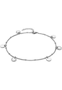 Silberne Kettenarmband mit kleinen, runden Scheiben, die im Design abwechseln. Die Glieder sind rund und strukturiert, mit einem verstellbaren Verschluss.