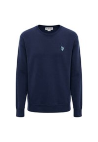 Felpa girocollo blu navy, tessuto di cotone, polsini e orlo a costine, presenta un piccolo logo ricamato sul petto. Texture liscia complessiva.