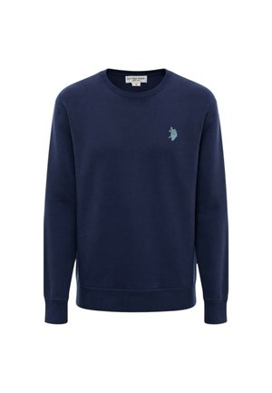 Felpa girocollo blu navy, tessuto di cotone, polsini e orlo a costine, presenta un piccolo logo ricamato sul petto. Texture liscia complessiva.