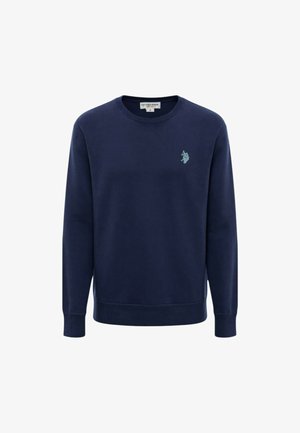 Felpa girocollo blu navy, tessuto di cotone, polsini e orlo a costine, presenta un piccolo logo ricamato sul petto. Texture liscia complessiva.
