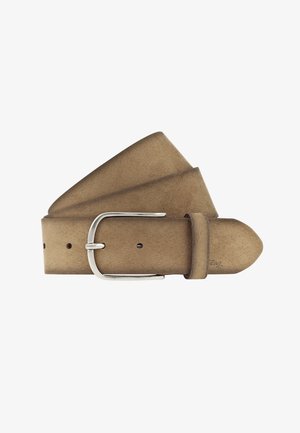 Brown suede leather belt with a silver rectangular metal buckle, rolled up against a white background.