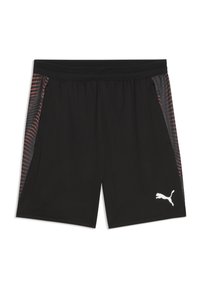 Czarne sportowe szorty z fakturą wzoru w czerwonym kolorze po bokach, elastycznym pasem i białym logo Puma na dolnej prawej nogawce.