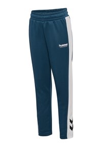 Navy blauwe joggers met een witte zijpaneel en zwarte chevronaccenten. Gemaakt van een zachte stof met een elastische tailleband voor comfort.