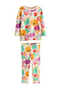 Buntes Set aus langärmligem Oberteil und Leggings aus weichem Stoff, mit verspielten Früchte- und Blumenmustern in leuchtenden Farben auf hellem Cremehintergrund.