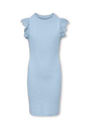 Lichtblauwe mouwloze jurk met ronde halslijn en ruches van geperforeerd kant op de schouders, aansluitende silhouet, tot aan de knie.