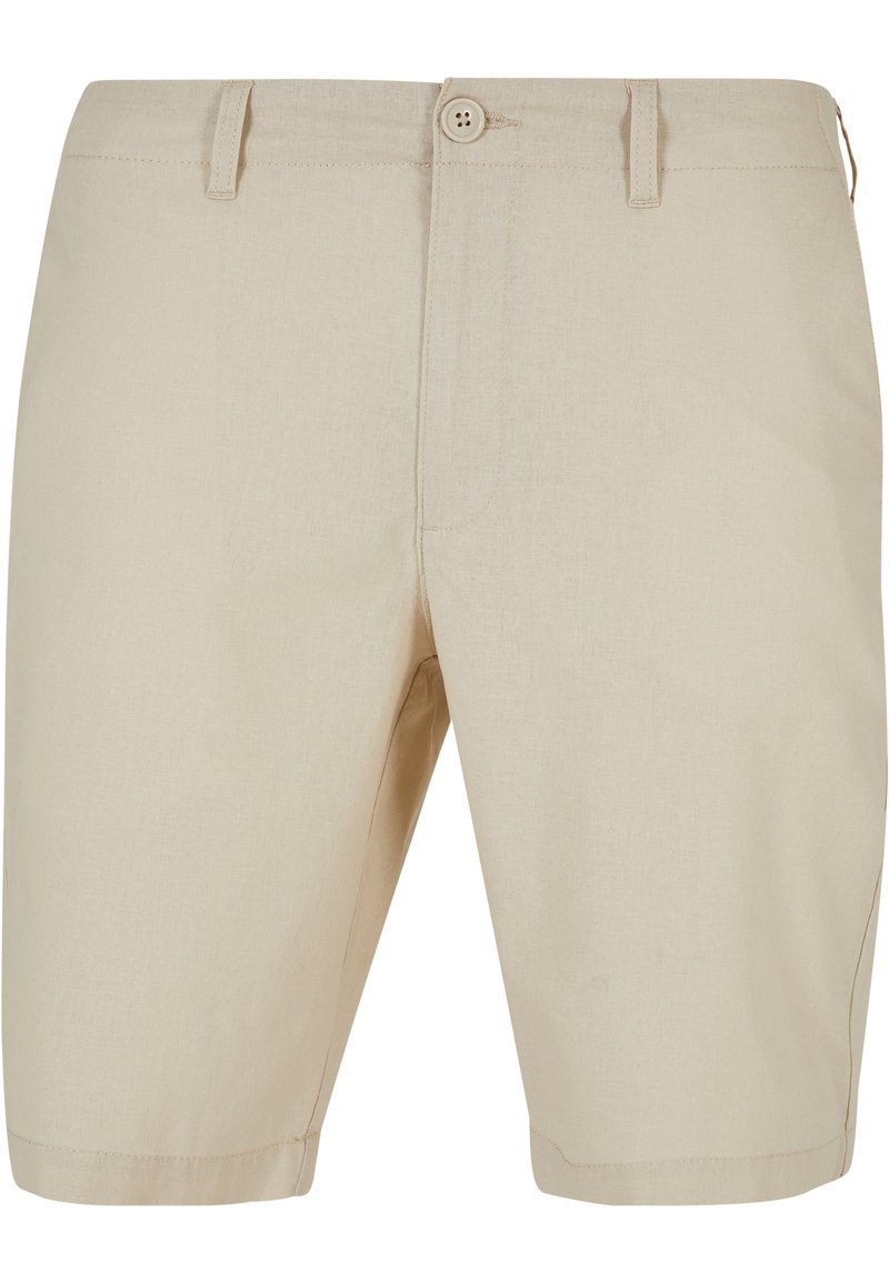 Beige rövidnadrág sima textúrával, magas derékkal és gombos záródással, egyenes szabással és varrott szegésekkel.