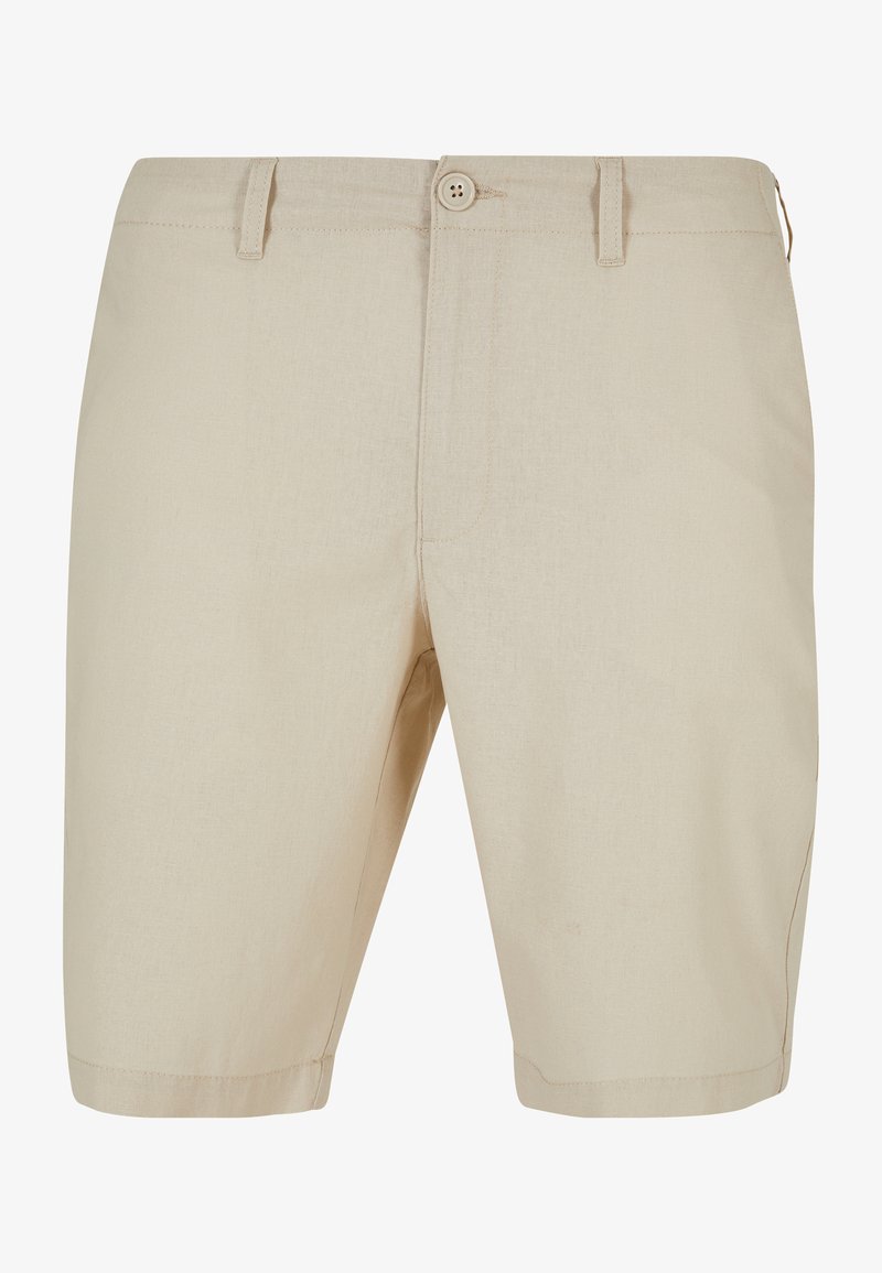 Bežové šortky s hladkou textúrou, vysokým pásom s gombíkovým uzatváraním a rovný strih so šitými lemami.