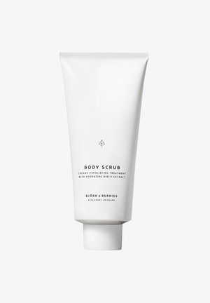 White plastic tube with a flat cap, labeled "BODY SCRUB," featuring black text and a minimalist design. Contains creamy exfoliating treatment.