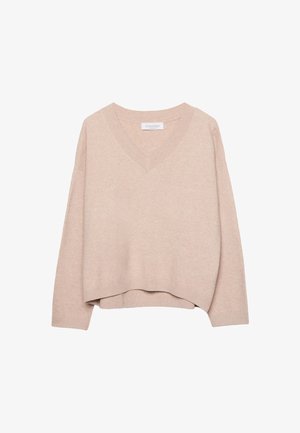 Maglione a maniche lunghe beige in maglia con scollatura a V e polsini e orlo a coste, caratterizzato da un taglio leggermente corto e una vestibilità rilassata.