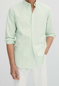 Lichtgroen gestreept overhemd met een spread collar, lange mouwen opgerold bij de manchetten, en een slim fit ontwerp.